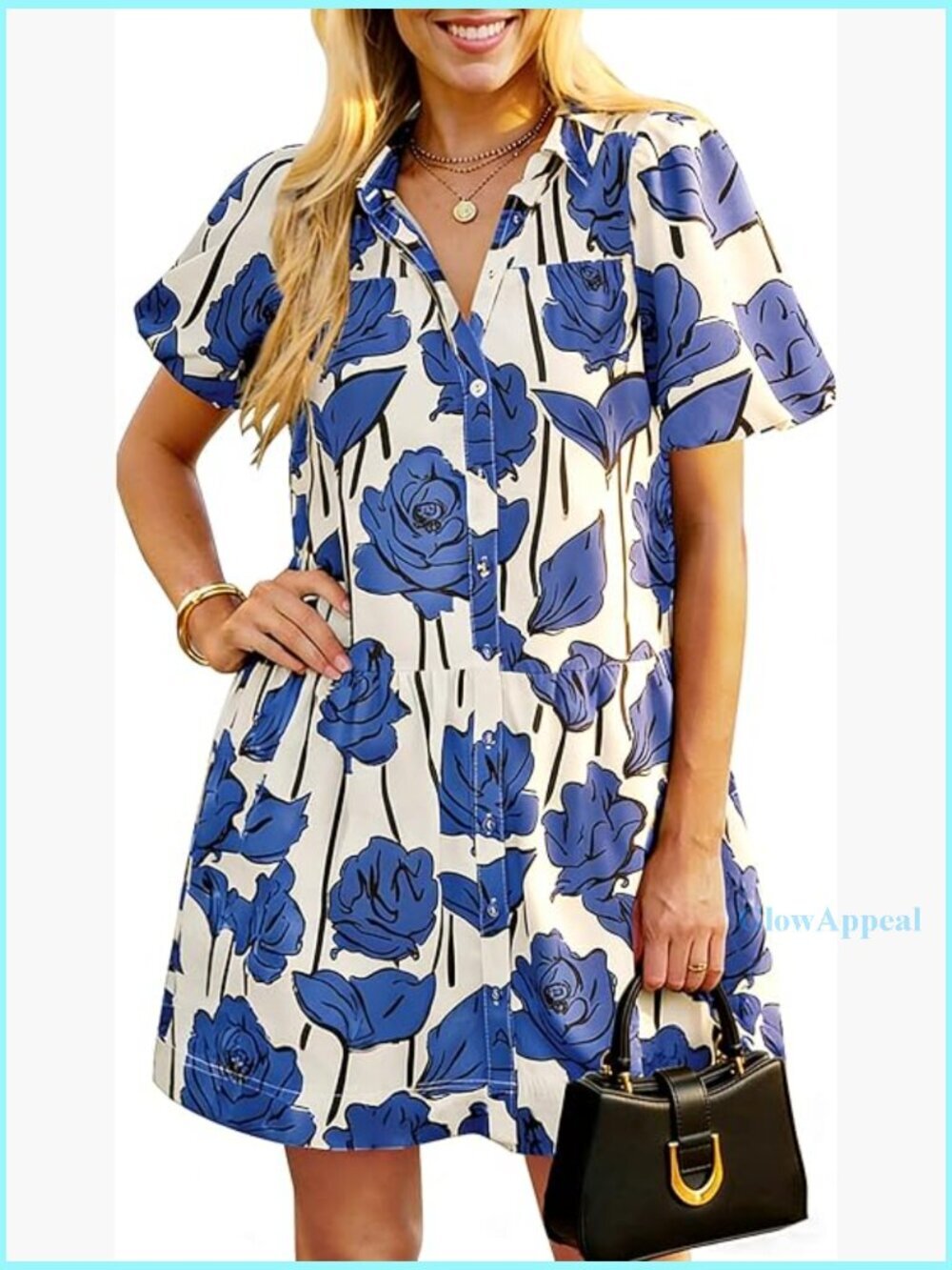 Puff Sleeve Mini Dress with Pockets, Button Down Casual Summer Floral